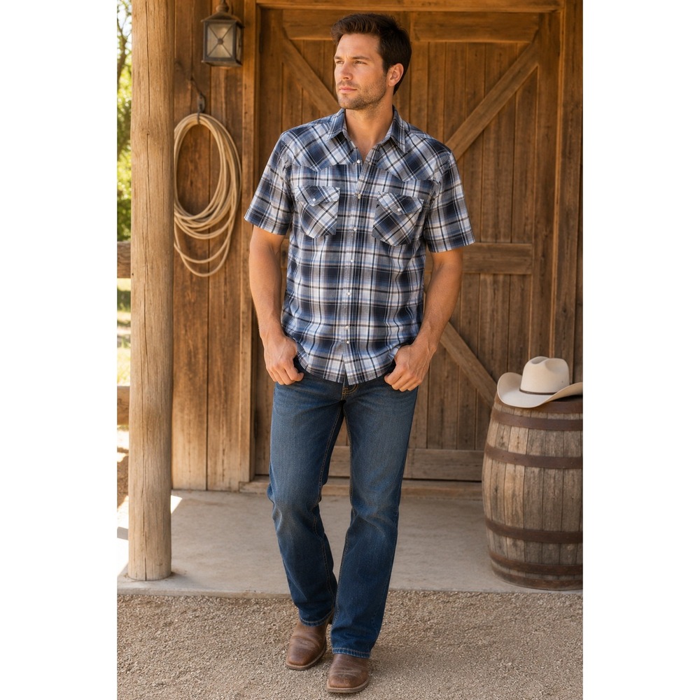 Canyon Guide Outfitters Western Snap Shirt  M Blue Plaid Pearl Snap Ranch Rodeo